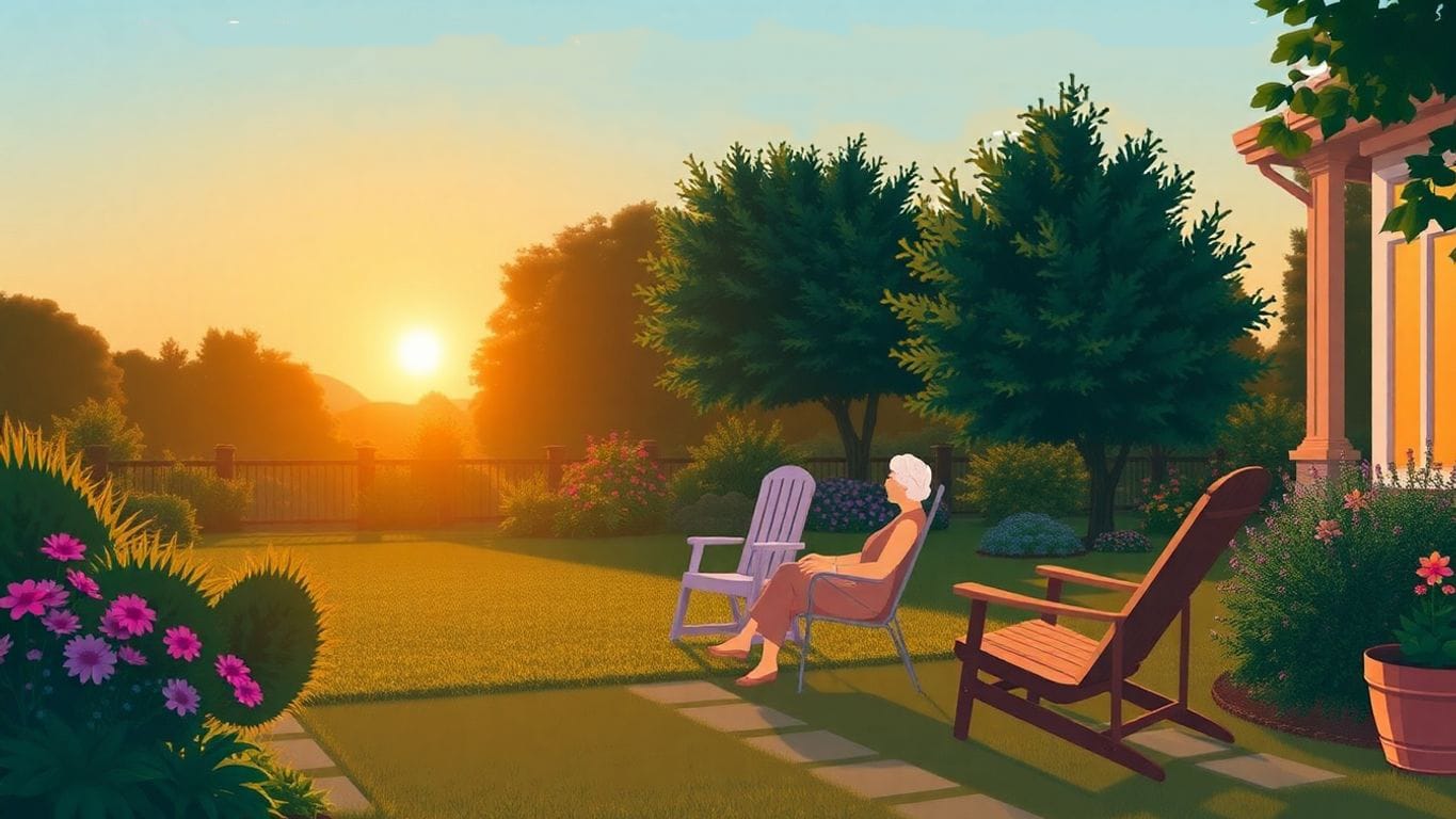 Serene retirement garden with a cozy chair and sunset.